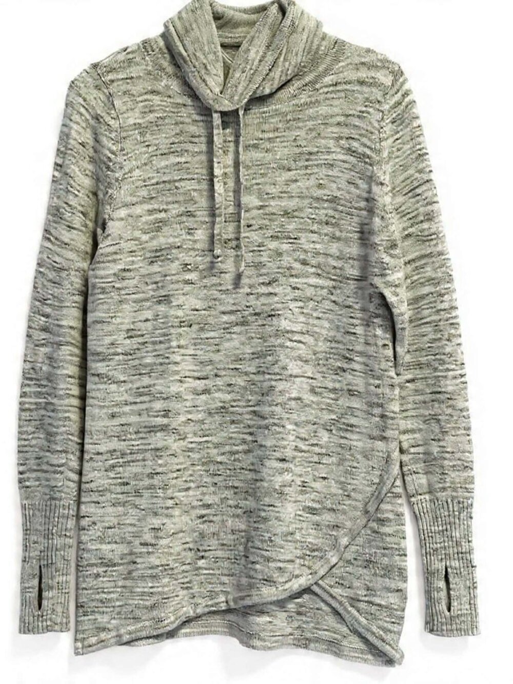 Akini Cowl Neck Sweater Crossover Hem Thumbhole Cuffs Heather Grey Size L